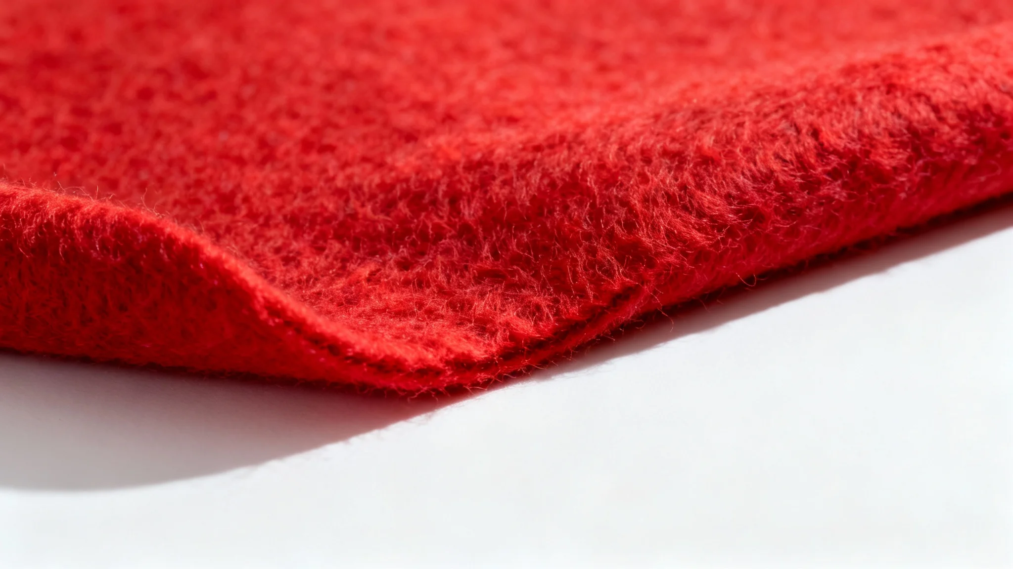 An extreme close-up shot of a rich crimson red felt fabric, highlighting its soft and detailed fibrous texture against a clean white background.