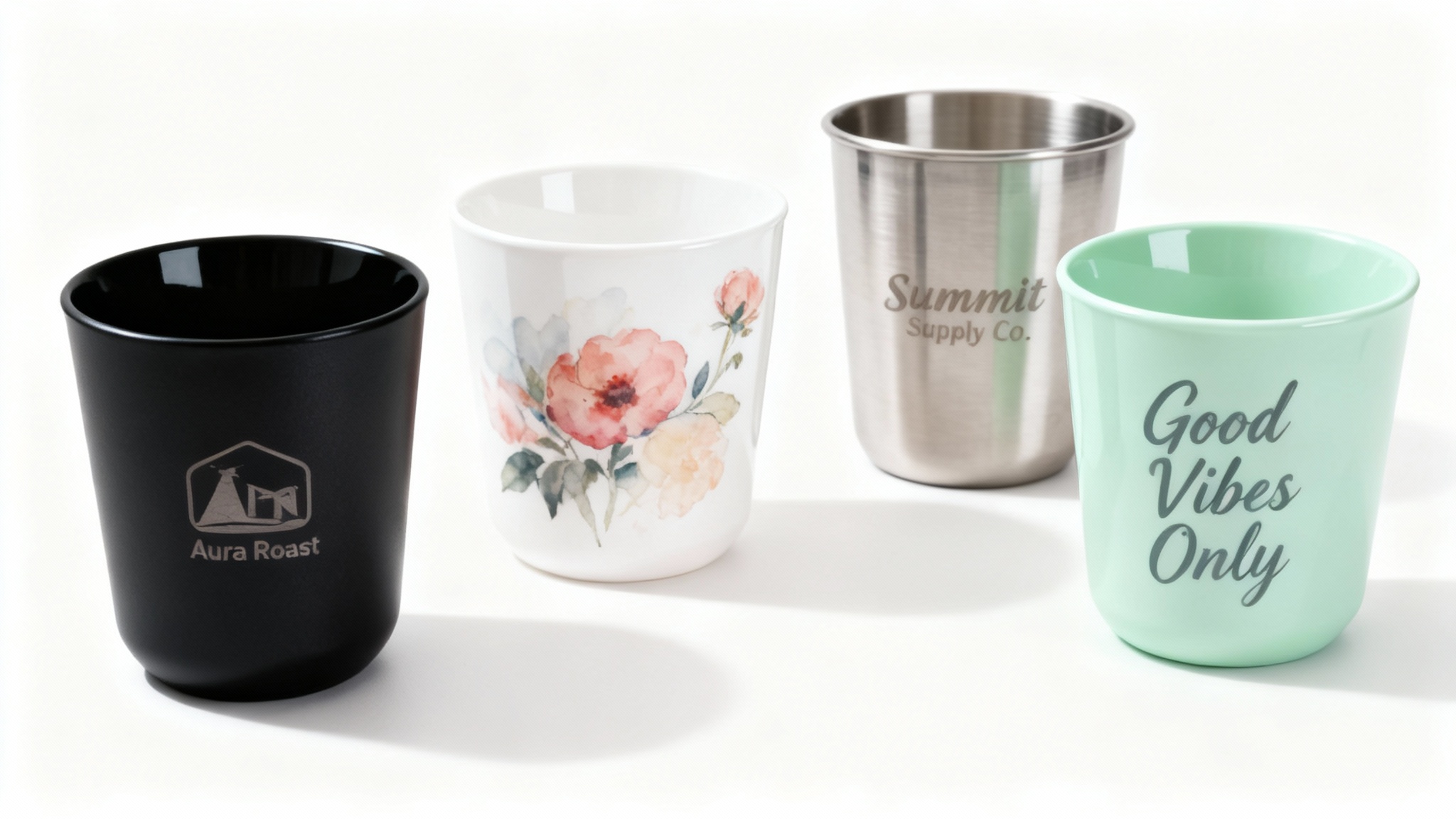 A professional hero image showcasing four photorealistic tumbler mockups arranged on a clean white surface. Each tumbler has a unique design: one matte black with a logo, one glossy white with a floral pattern, one stainless steel with an engraved graphic, and one pastel green with a text quote.