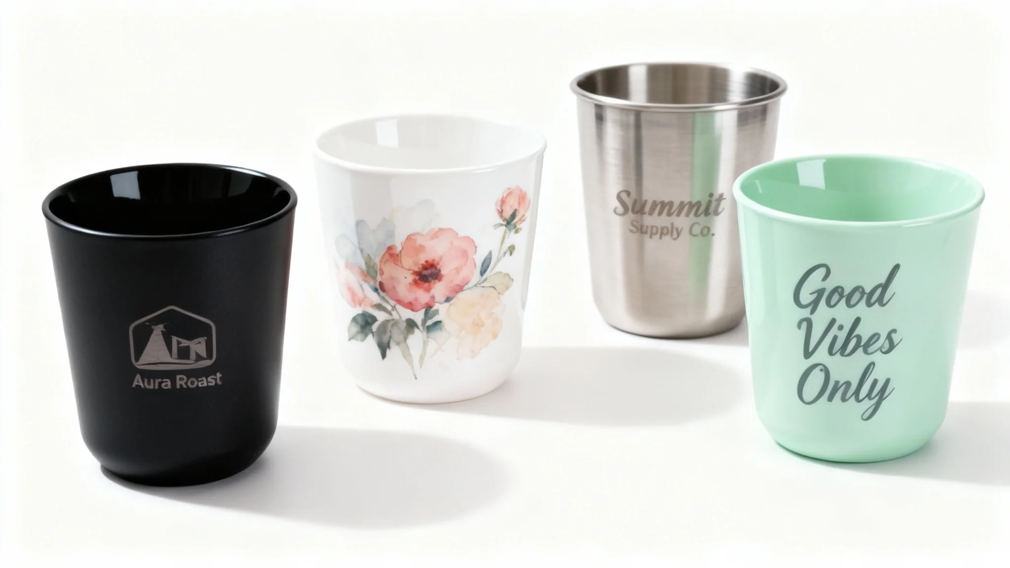 A professional hero image showcasing four photorealistic tumbler mockups arranged on a clean white surface. Each tumbler has a unique design: one matte black with a logo, one glossy white with a floral pattern, one stainless steel with an engraved graphic, and one pastel green with a text quote.