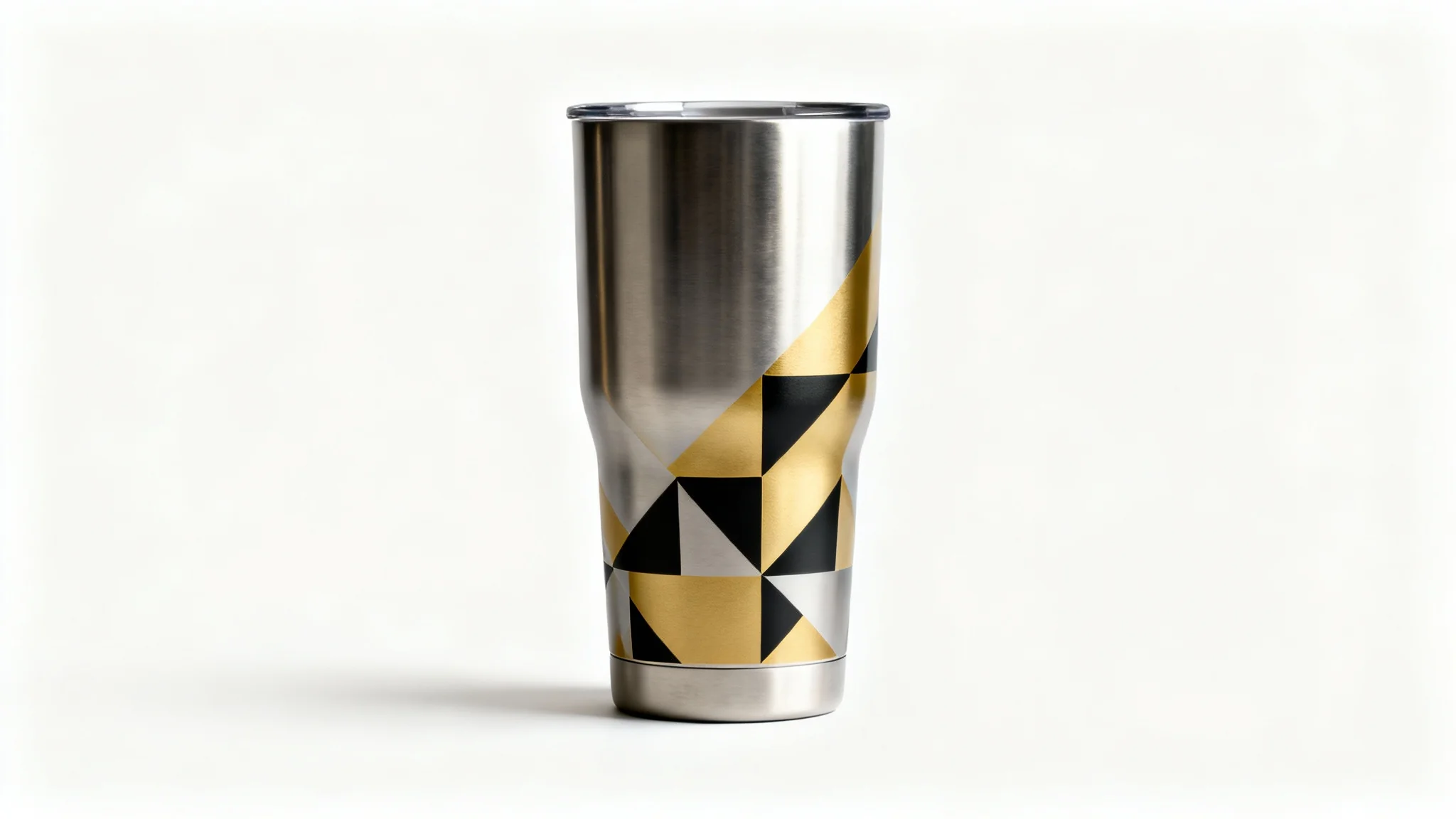 A photorealistic mockup of a modern stainless steel tumbler with a minimalist abstract geometric design, set against a clean white background.
