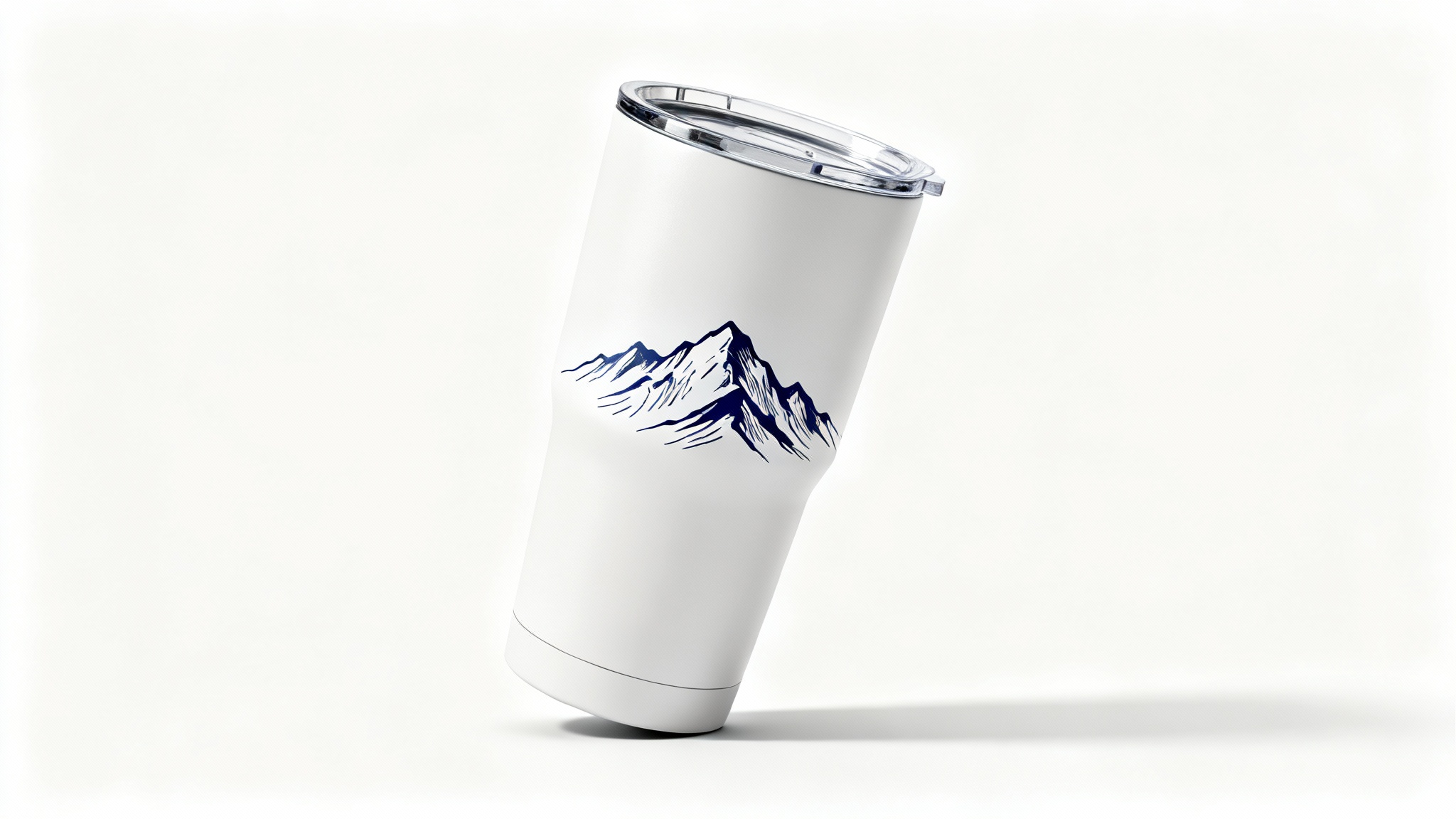 A photorealistic product mockup of a modern matte white tumbler with a minimalist blue mountain range design, set against a clean white background.