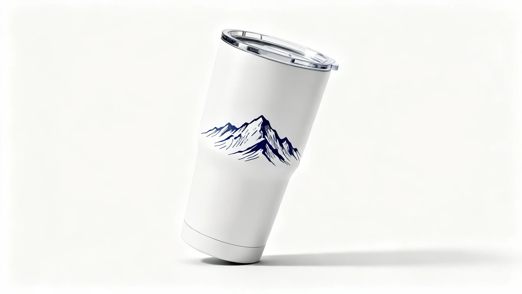 A photorealistic product mockup of a modern matte white tumbler with a minimalist blue mountain range design, set against a clean white background.