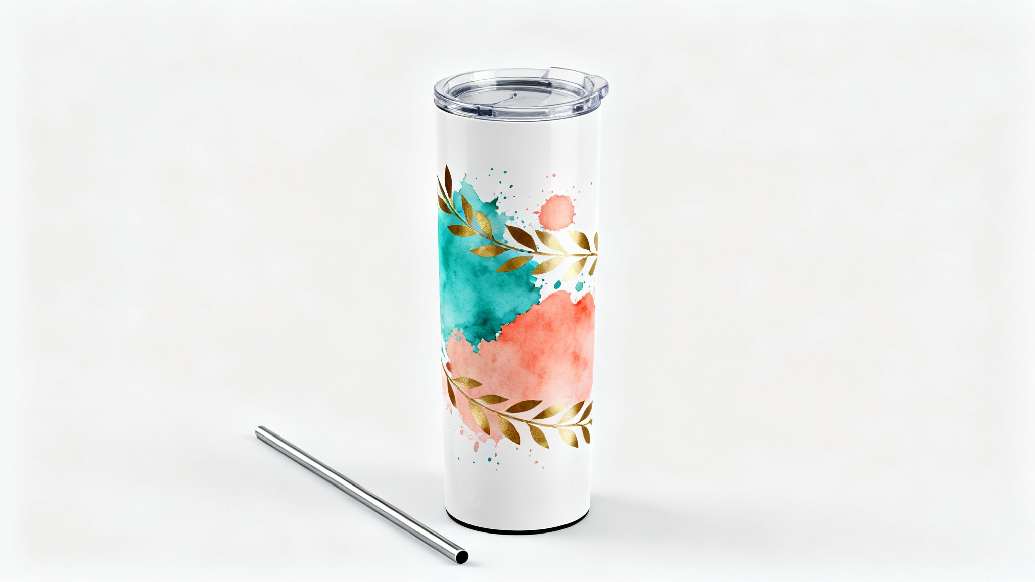 A professional product mockup of a modern, sleek white tumbler with a vibrant abstract watercolor design in teal and coral, shown with a clear lid and metal straw against a clean white background.