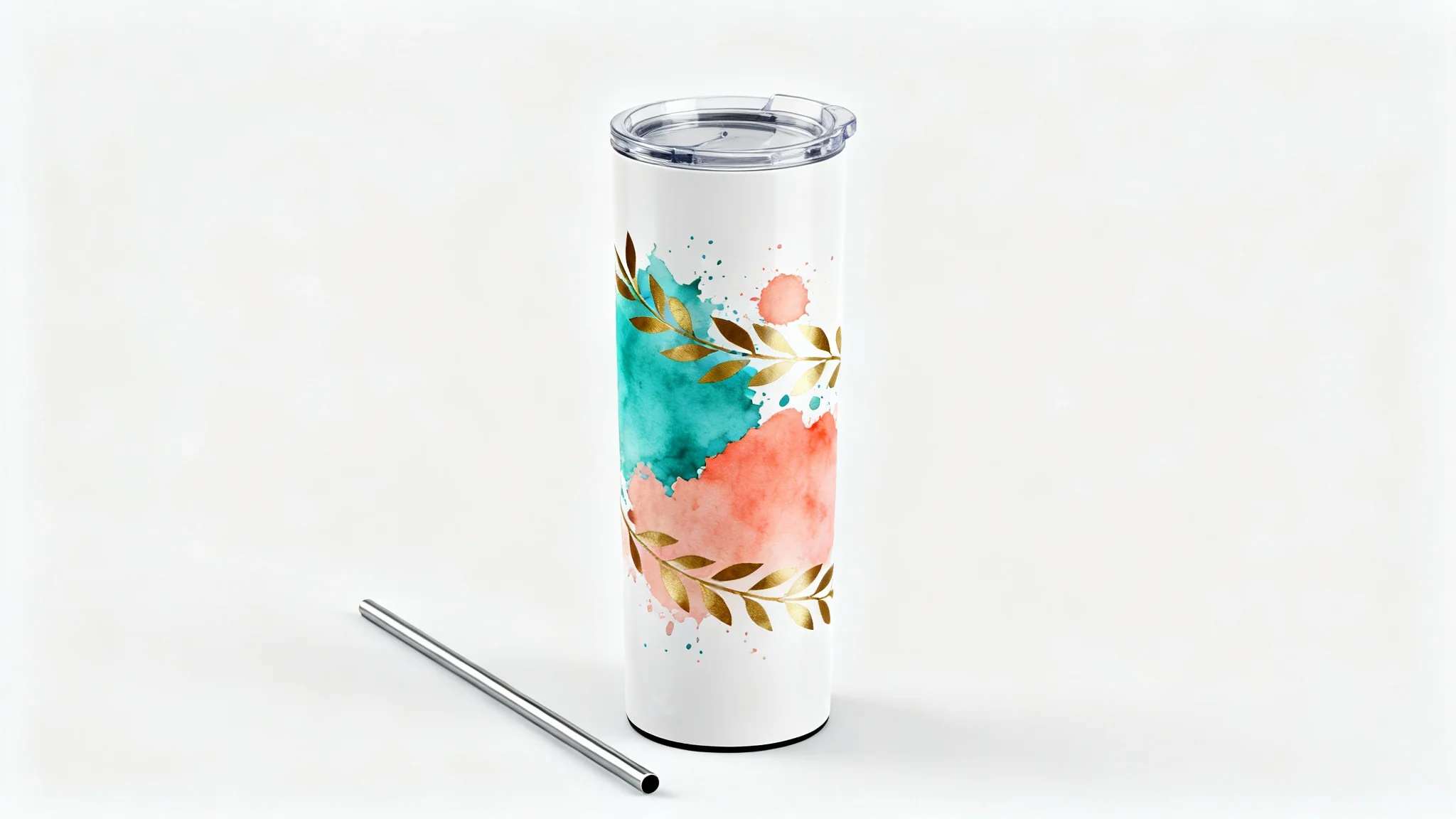 A professional product mockup of a modern, sleek white tumbler with a vibrant abstract watercolor design in teal and coral, shown with a clear lid and metal straw against a clean white background.