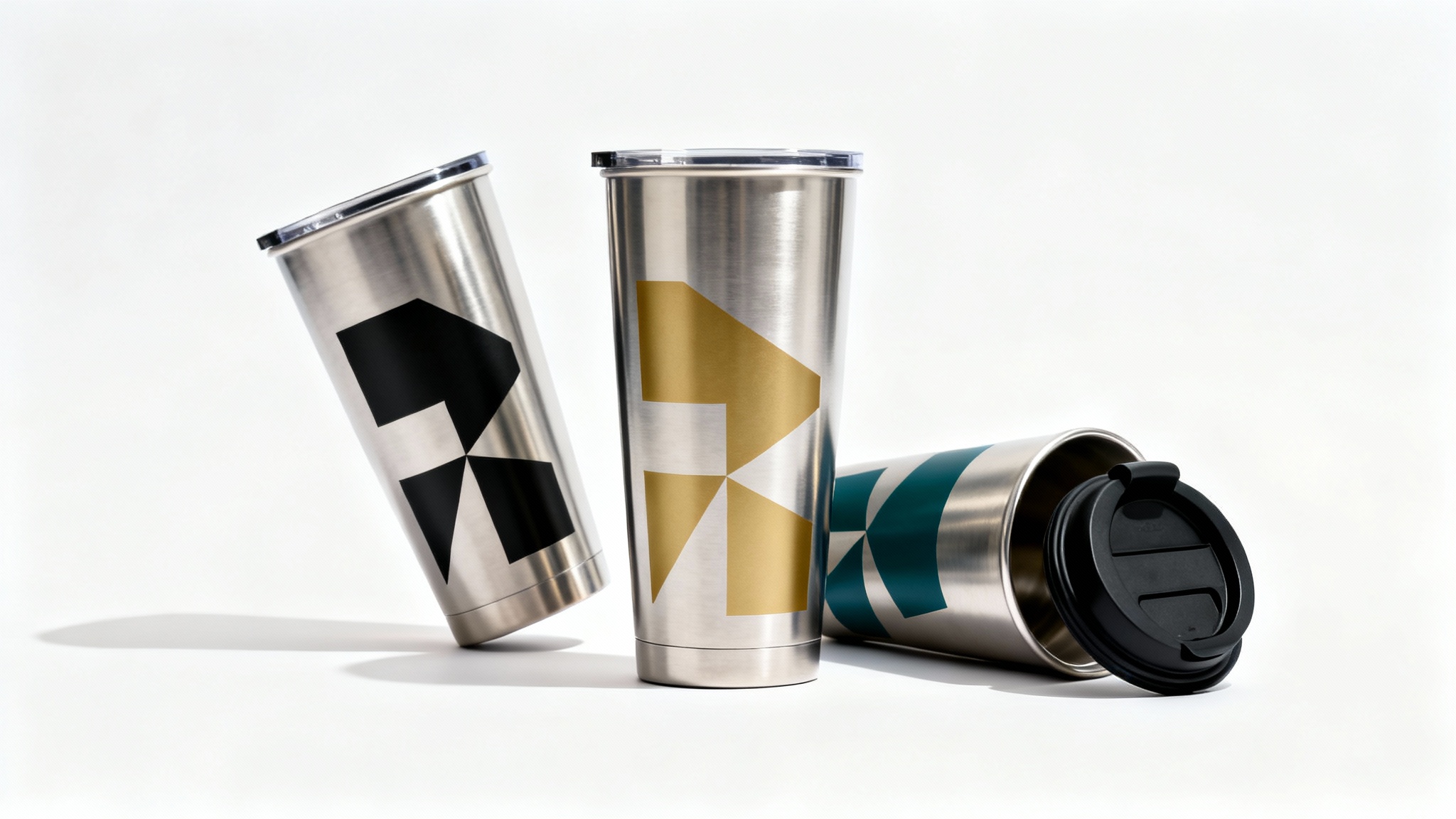 A professional product mockup featuring three sleek stainless steel tumblers with abstract geometric designs in black, gold, and teal, arranged on a clean white background.
