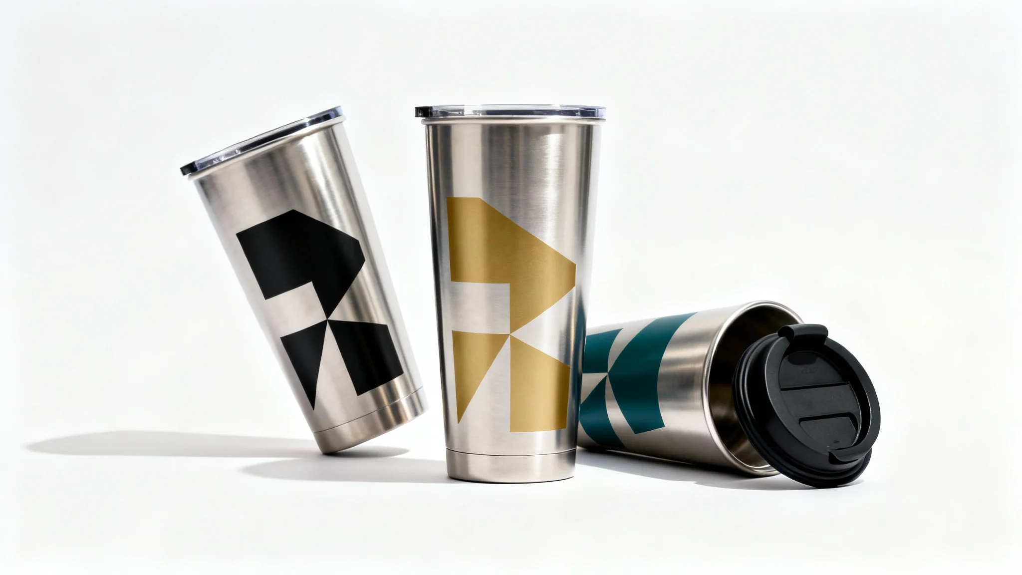 A professional product mockup featuring three sleek stainless steel tumblers with abstract geometric designs in black, gold, and teal, arranged on a clean white background.
