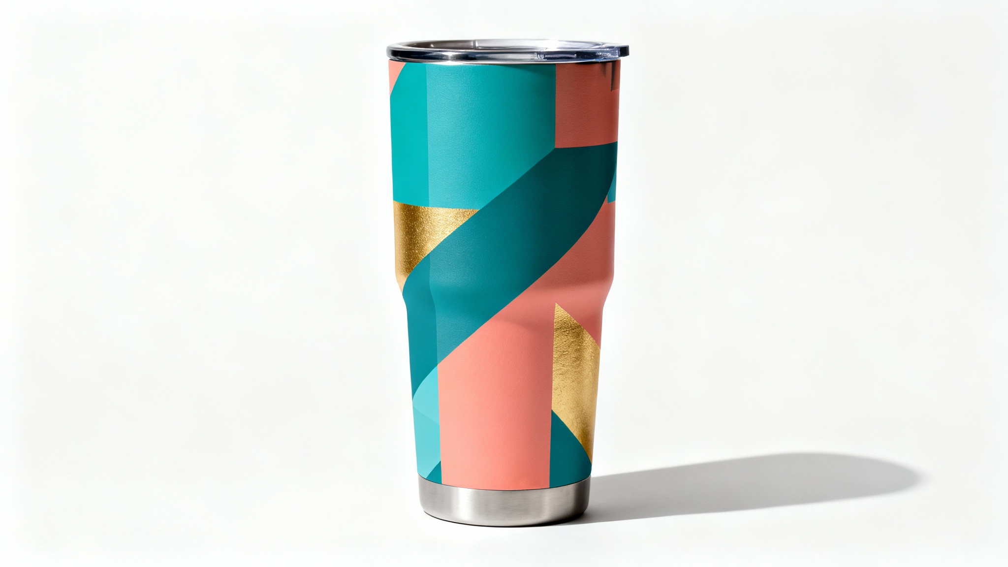 A photorealistic mockup of a modern, matte-finish tumbler with a colorful abstract geometric design, presented against a clean white background.