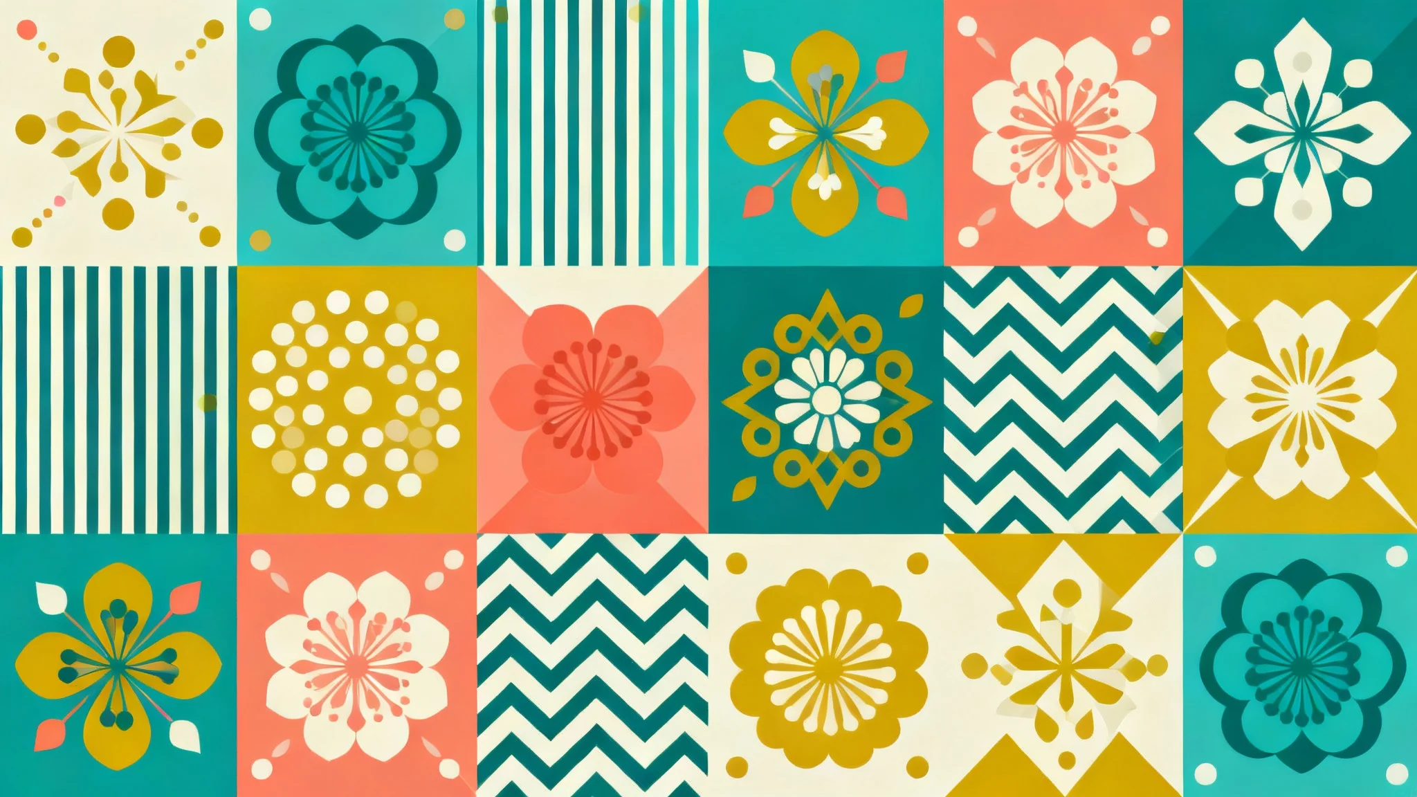 A professionally designed seamless tiled background featuring a grid of tiles with intricate geometric and floral patterns in vibrant teal, coral, and mustard yellow.