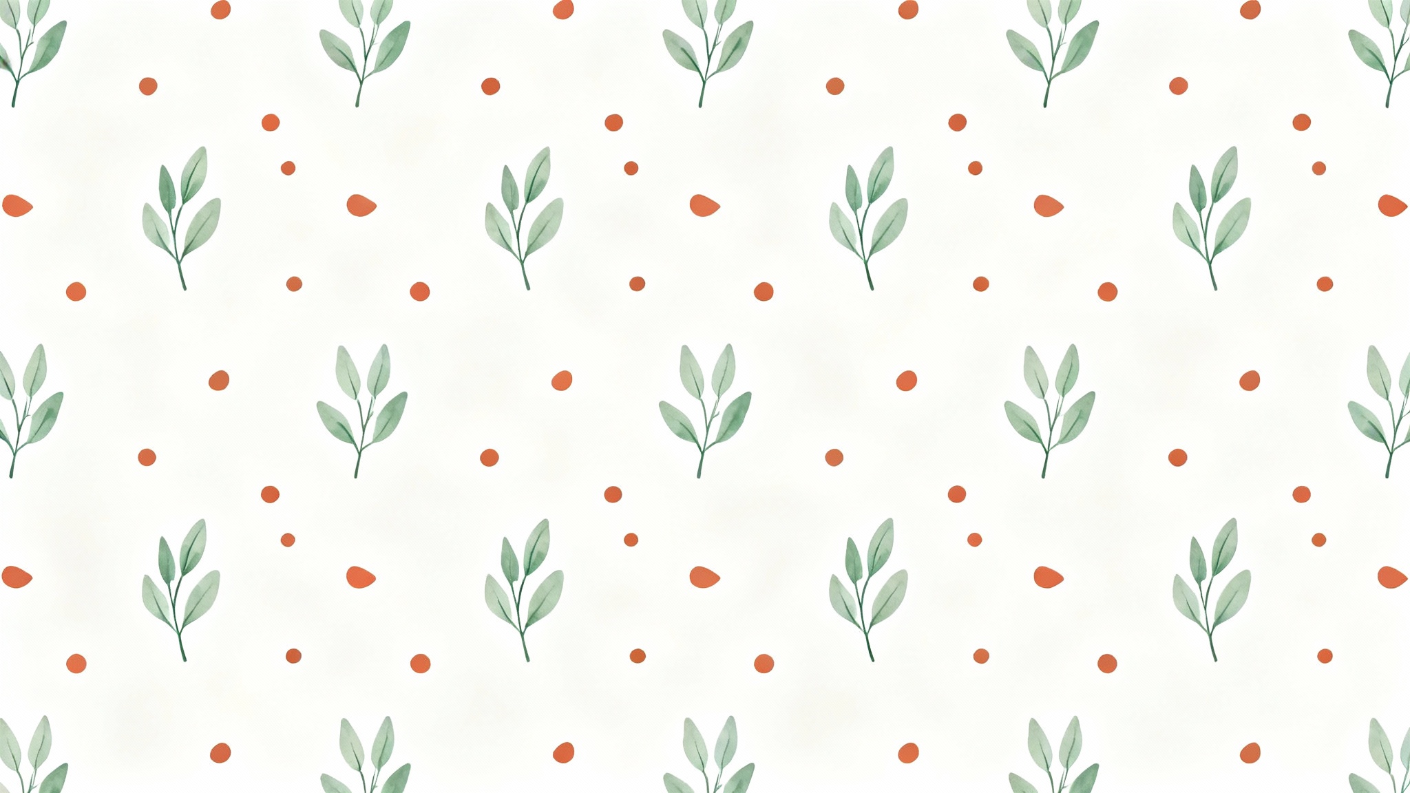 A minimalist, seamless tiled background pattern featuring sage green leaves and terracotta dots on an off-white canvas, representing a clean and modern design.