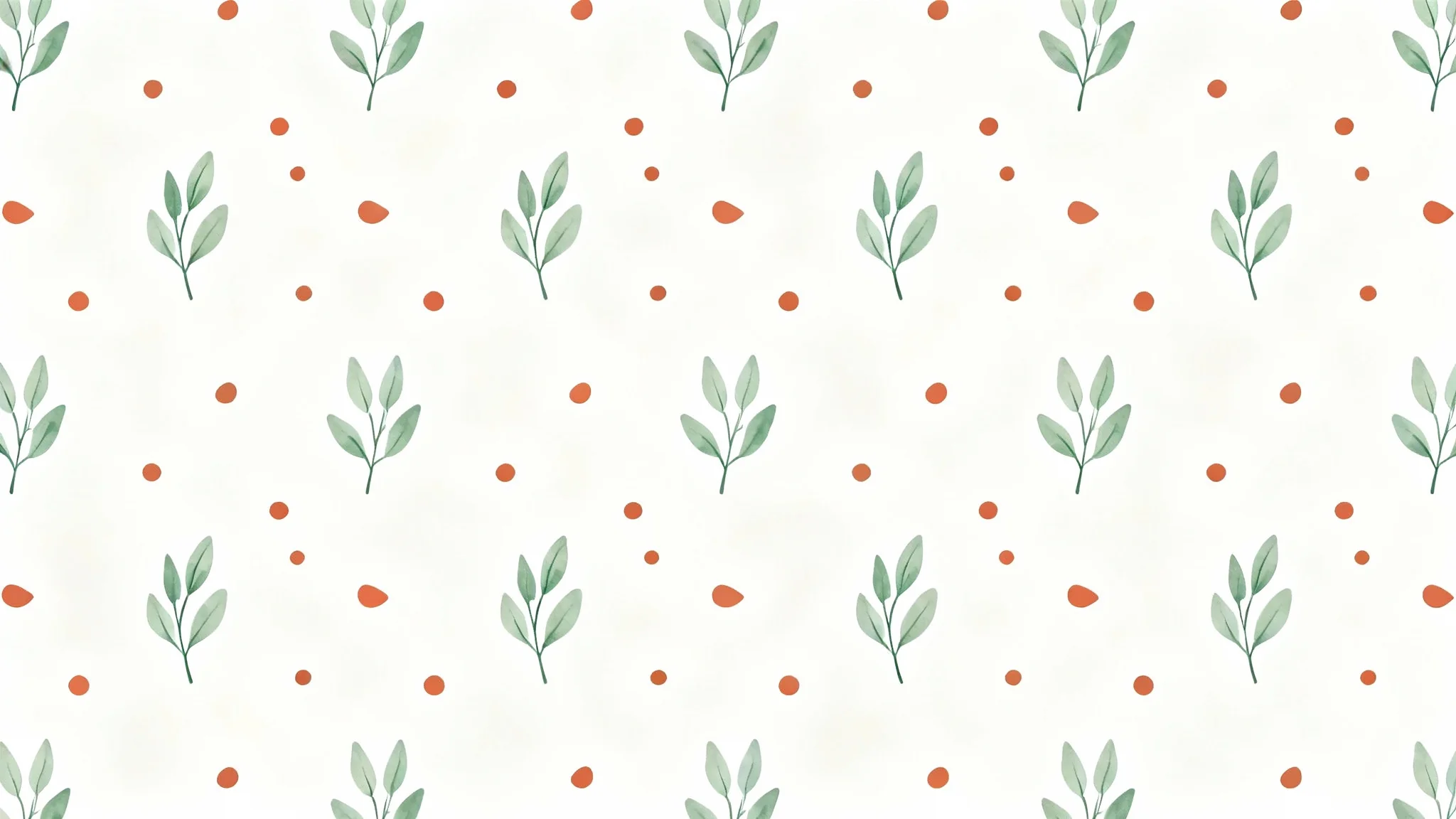 A minimalist, seamless tiled background pattern featuring sage green leaves and terracotta dots on an off-white canvas, representing a clean and modern design.