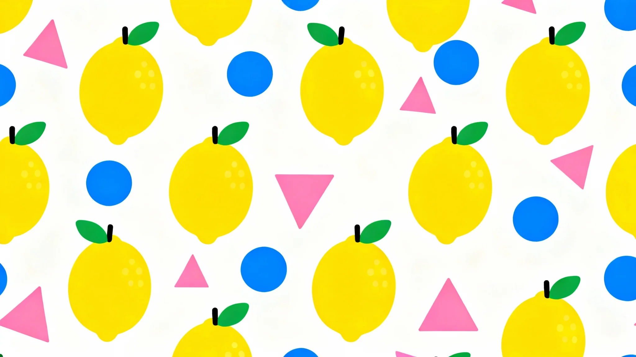 A seamless tiled background pattern featuring stylized cartoon lemons, blue circles, and pink triangles on a white background, creating a cheerful and modern design.