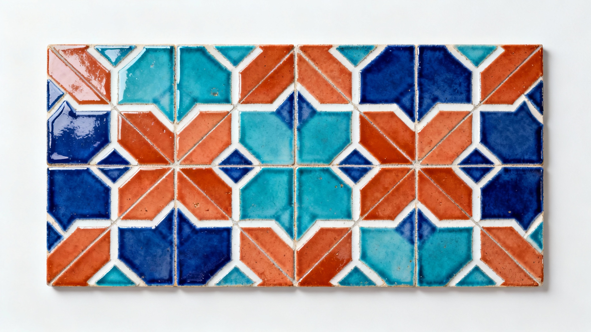 A top-down view of a seamless, repeating pattern of Moroccan Zellige tiles in blue, turquoise, and terracotta on a clean white background.