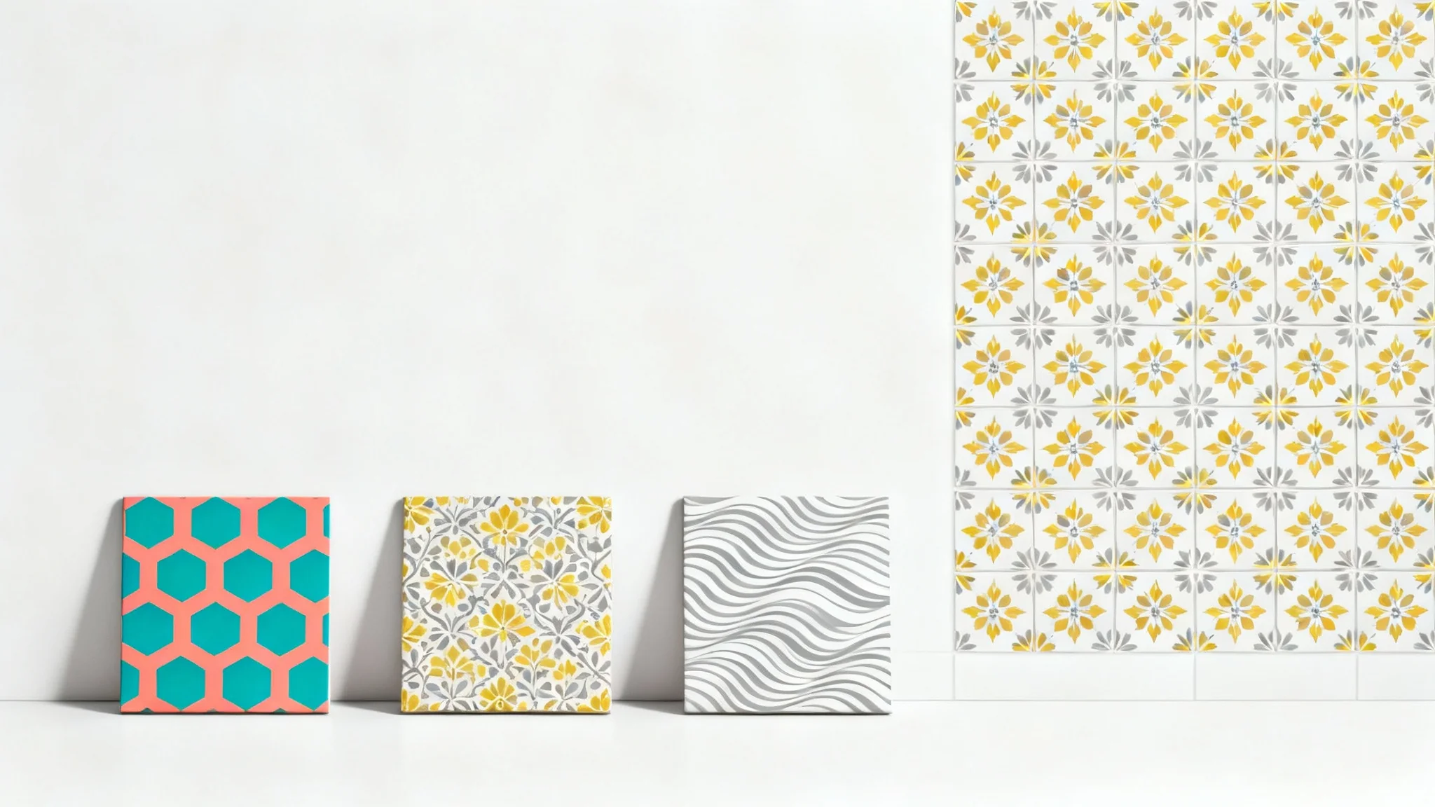 A minimalist mockup showcasing three distinct pattern tiles on a white background. The pattern from one of the tiles expands to create a seamless, repeating tiled background on the right side of the image.