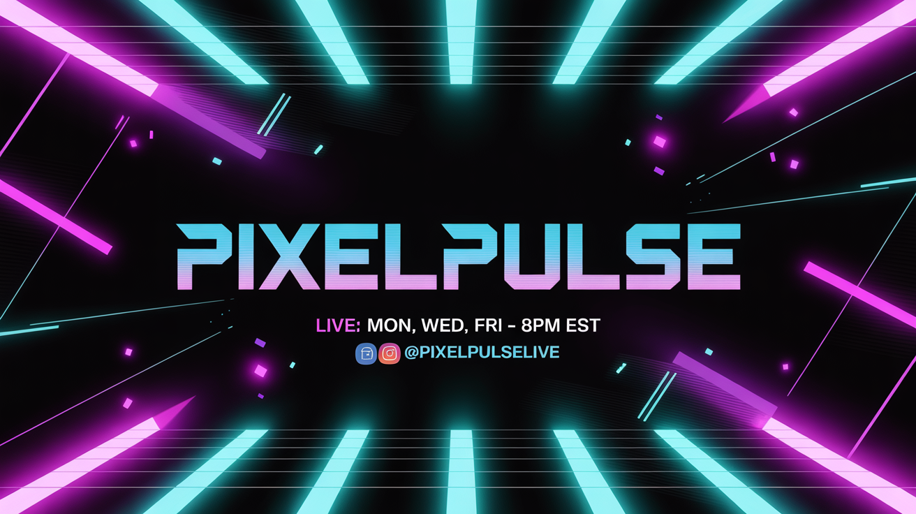 A professionally designed stream banner for a gamer named 'PixelPulse', featuring a neon cyberpunk theme and a streaming schedule.