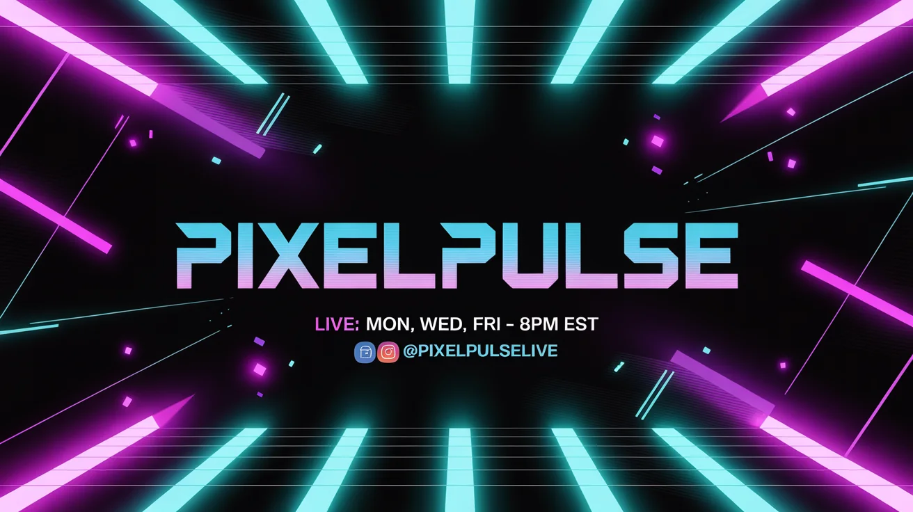 A professionally designed stream banner for a gamer named 'PixelPulse', featuring a neon cyberpunk theme and a streaming schedule.