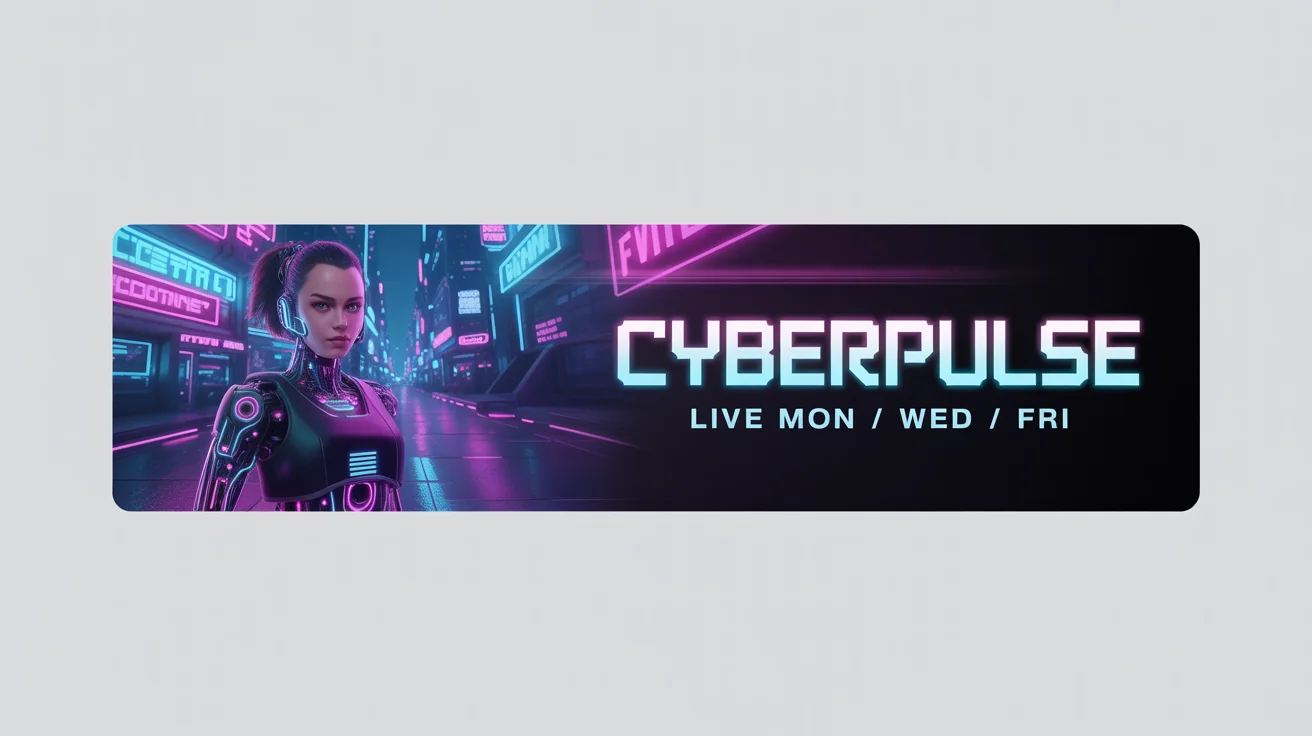 A mockup of a cyberpunk-themed stream banner for a gamer named 'CYBERPULSE', featuring a cyborg character and a futuristic city.