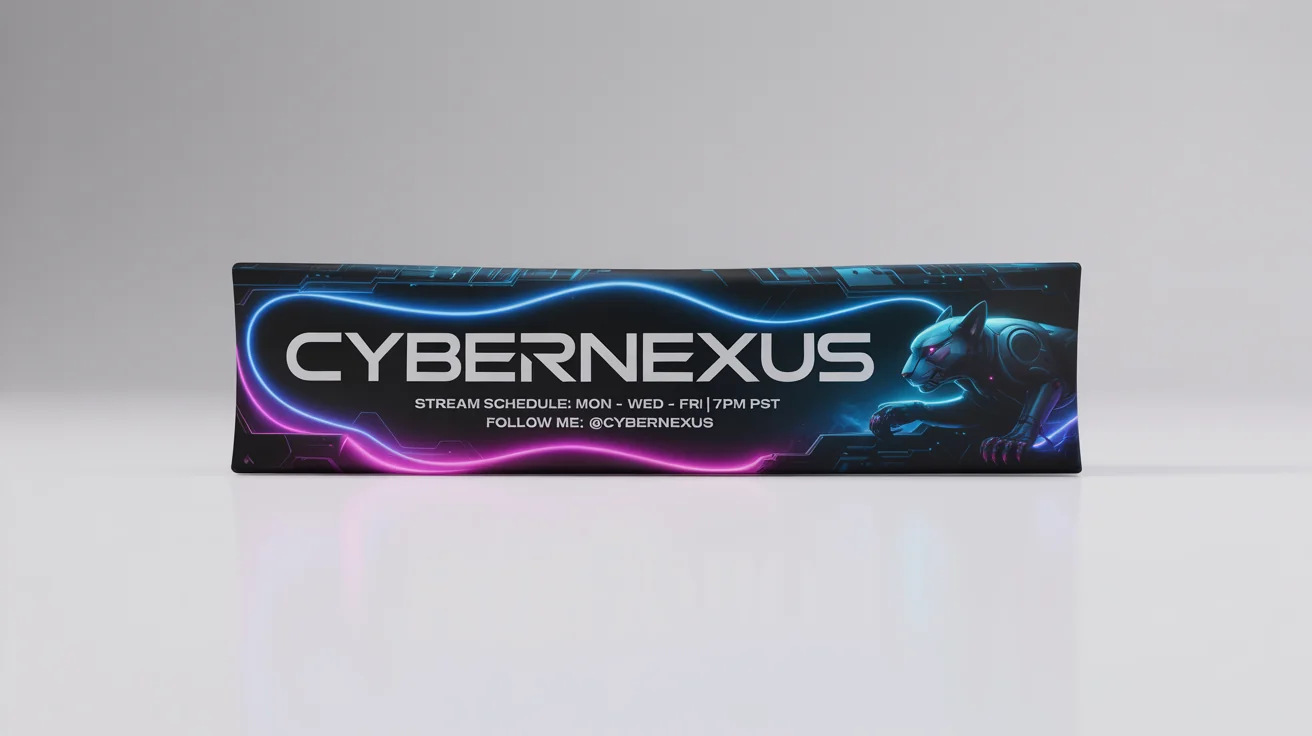 A futuristic stream banner mockup for a gamer named 'CYBERNEXUS'. The banner has a dark background with neon blue and pink highlights, displaying a stream schedule and social media information.
