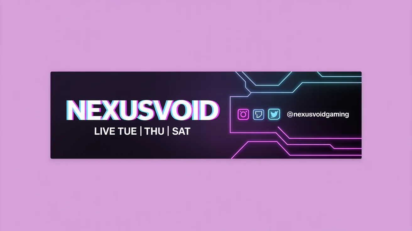 A futuristic stream banner mockup for a gamer named 'NEXUSVOID', featuring neon blue and pink text on a dark background with circuit patterns, presented against a clean white surface.