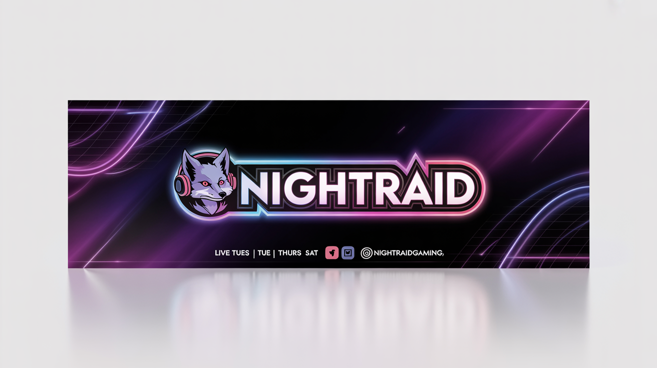 A professional mockup of a futuristic gaming stream banner for a gamer named 'NIGHTRAID', featuring a fox mascot and a live schedule, set against a clean white background.