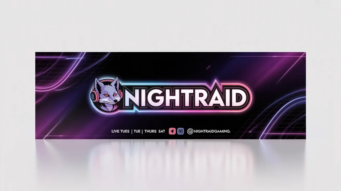 A professional mockup of a futuristic gaming stream banner for a gamer named 'NIGHTRAID', featuring a fox mascot and a live schedule, set against a clean white background.