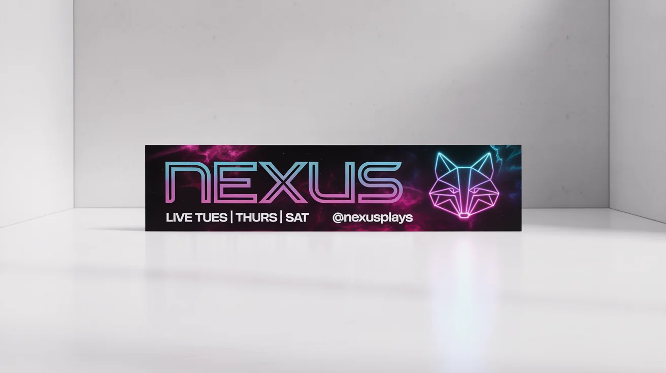 A mockup of a futuristic gaming stream banner for a streamer named 'NEXUS', featuring a neon geometric fox mascot and a live schedule, displayed on a white background.