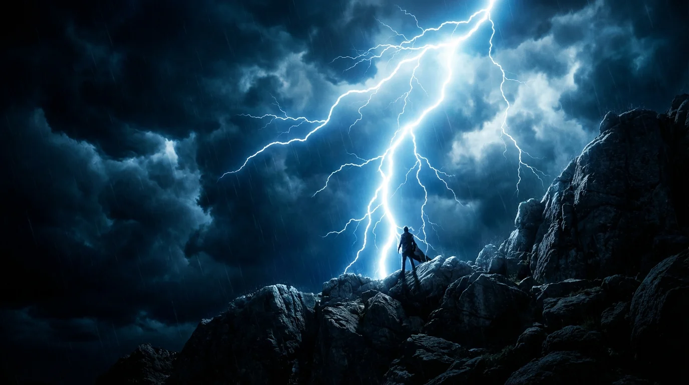 A cinematic still from a video showing the final result of a lightning overlay effect: a person stands on a mountain peak at night, dramatically lit by a massive bolt of blue and white lightning striking from the stormy sky.