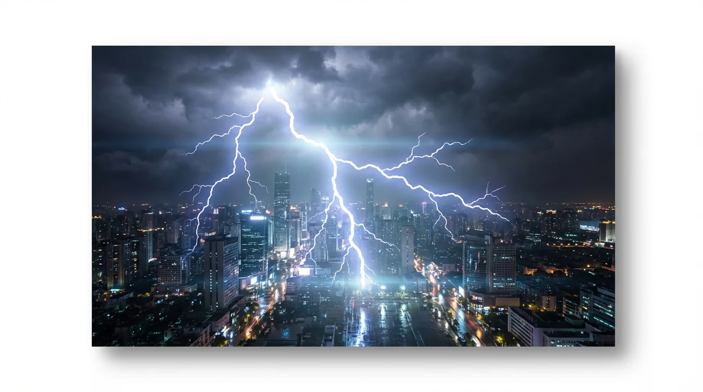 A still video frame showing a dramatic lightning overlay effect. A powerful, forked lightning bolt strikes down over a dark cityscape at night, illustrating a visual effect.
