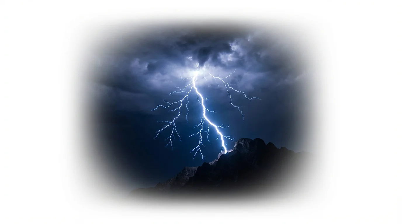 A dramatic cinematic image of a powerful lightning bolt striking a mountain peak, with the stormy scene artfully fading into a clean white background to represent a video overlay effect.