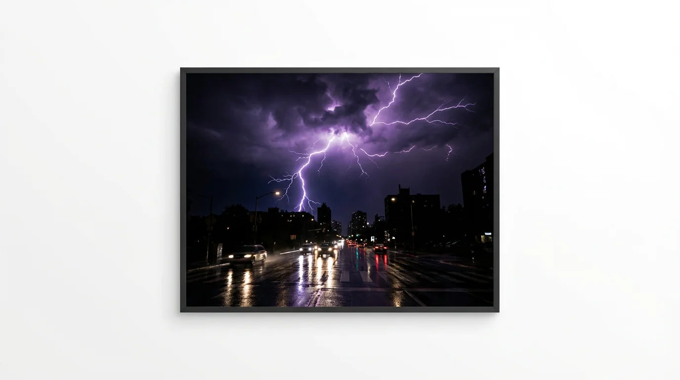 A photorealistic mockup of a video still, showcasing a dramatic lightning overlay effect with a massive purple lightning bolt striking over a wet city street at night.