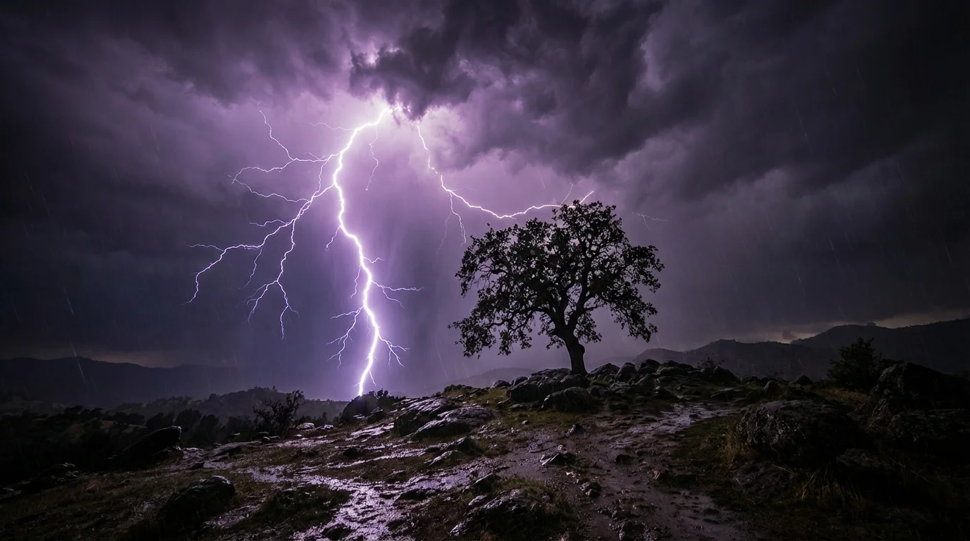 A dramatic cinematic scene of a powerful lightning bolt striking a desolate hill at night during a storm, illustrating a lightning video overlay effect.