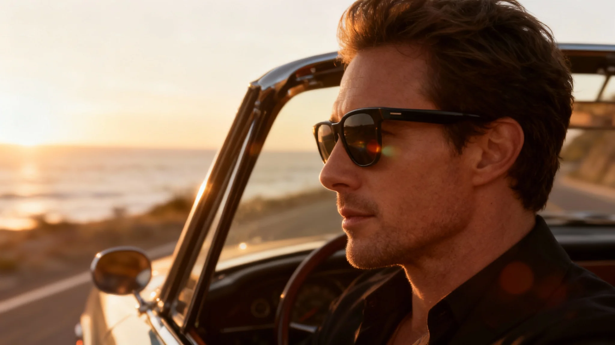 A high-fashion lifestyle advertisement showing a man wearing sunglasses while driving a convertible at sunset, created from a basic product photo.