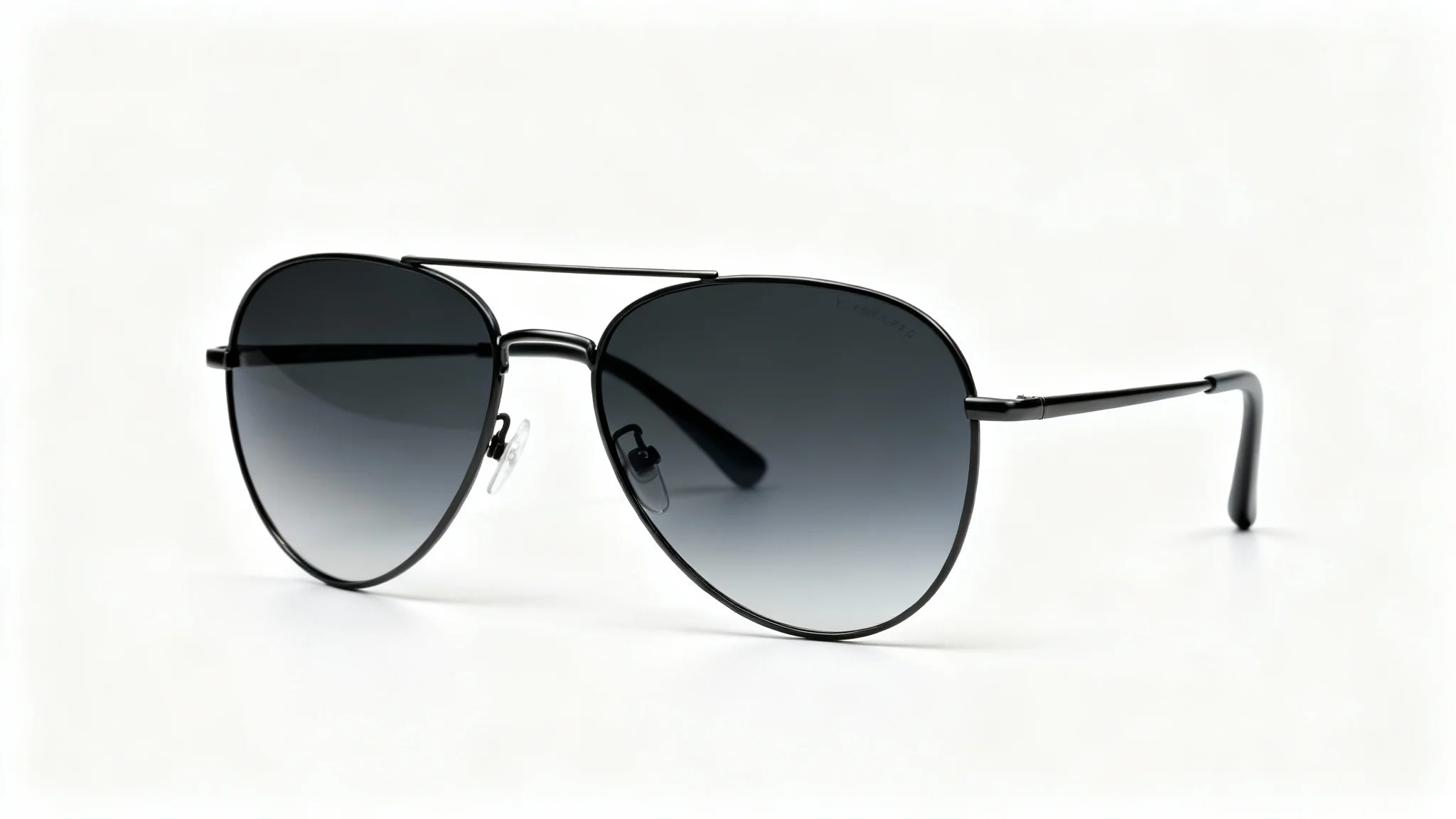 A professional product mockup of modern aviator sunglasses with a matte black frame and dark mirrored lenses, shot against a plain white background.