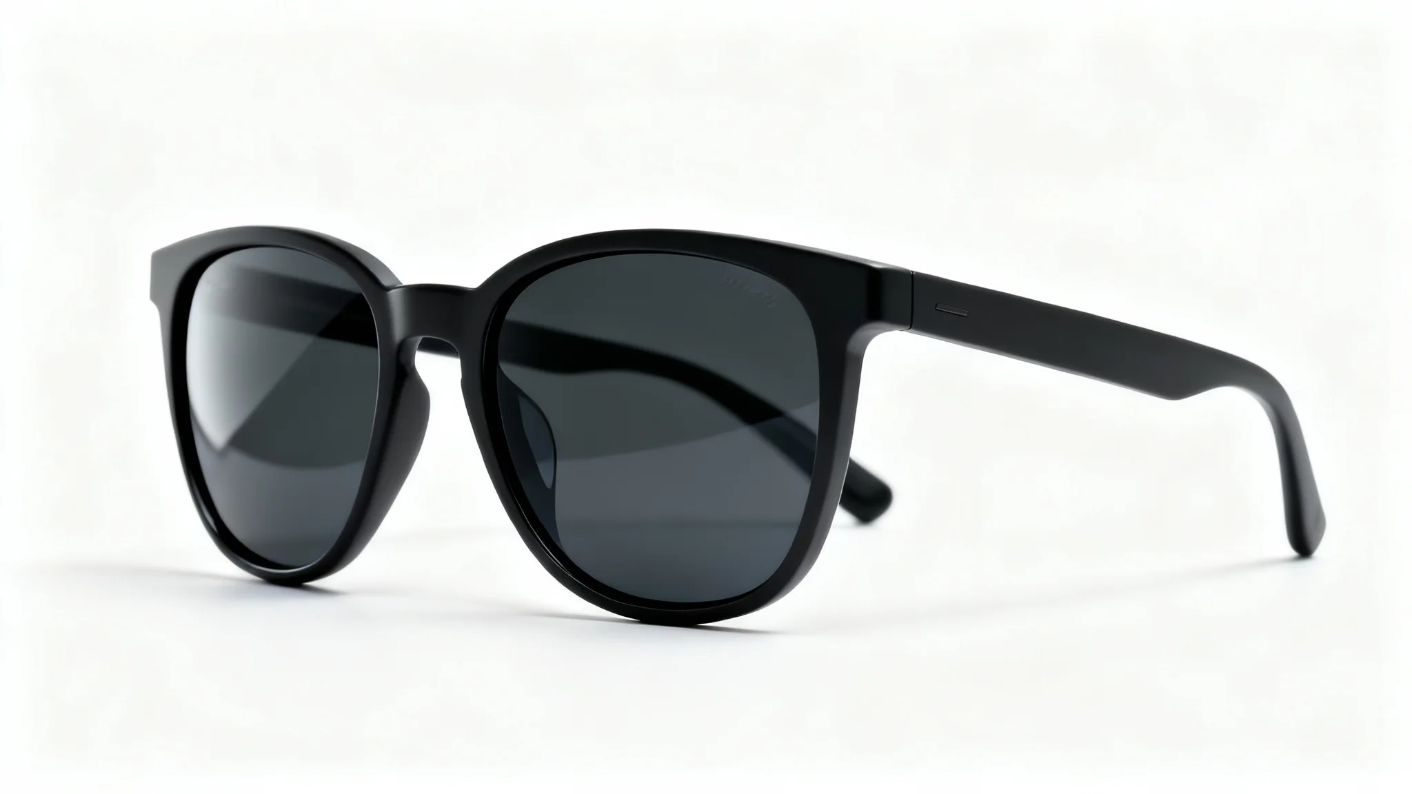 A close-up, professional product shot of stylish matte black sunglasses with dark lenses, set against a stark white background.