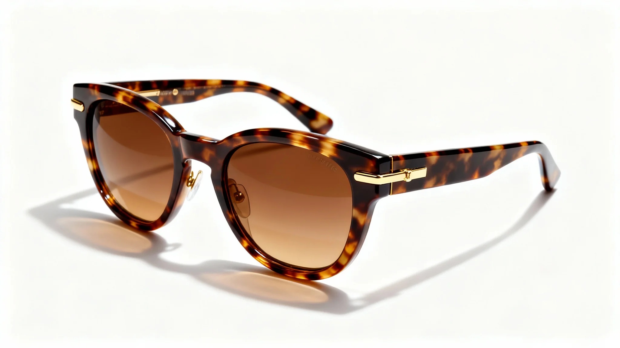 A photorealistic mockup of a single pair of stylish tortoiseshell sunglasses with brown gradient lenses, elegantly displayed against a clean white background.