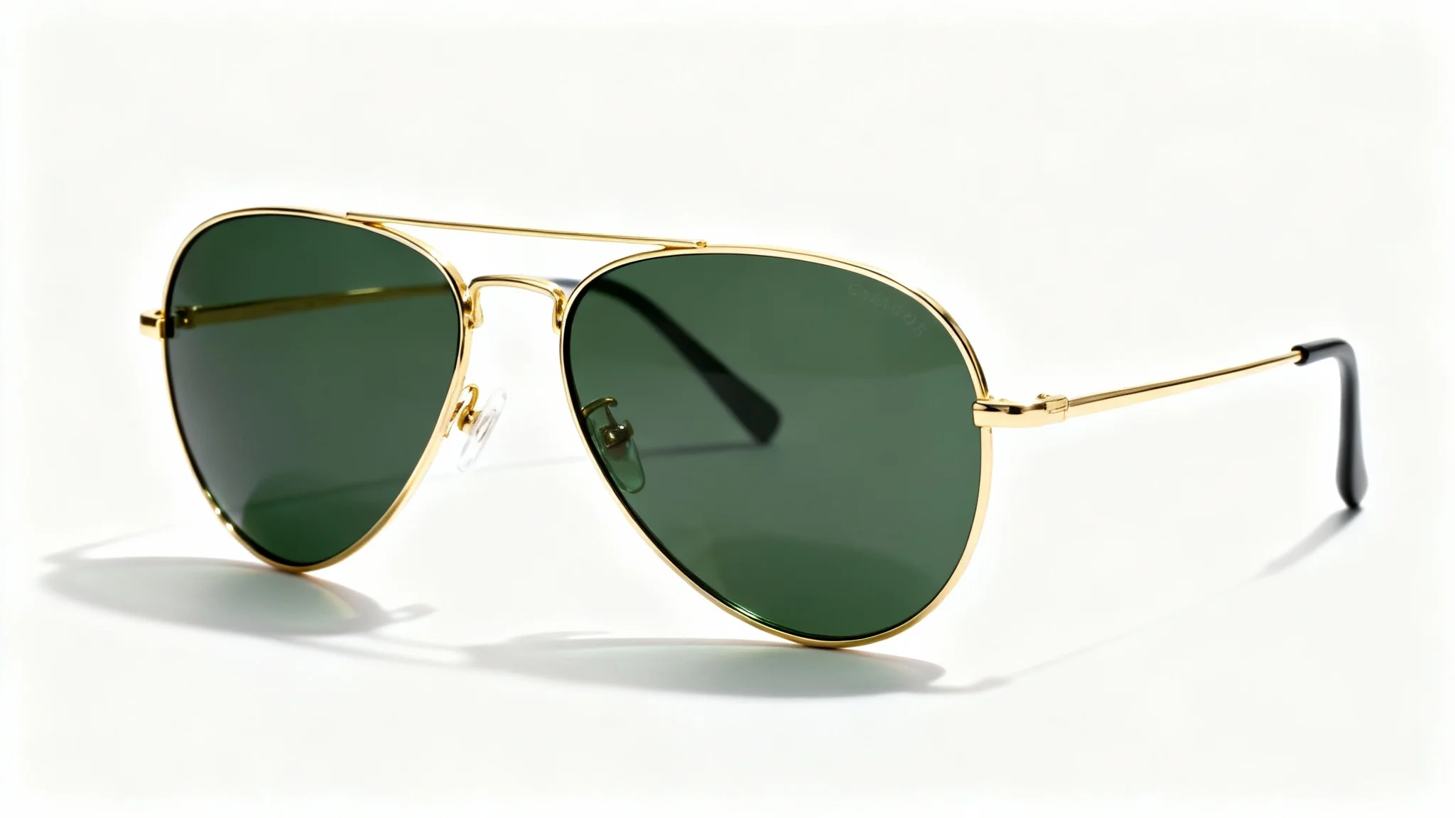 A photorealistic mockup of a pair of classic aviator sunglasses with gold frames and dark green lenses, presented against a stark white background.