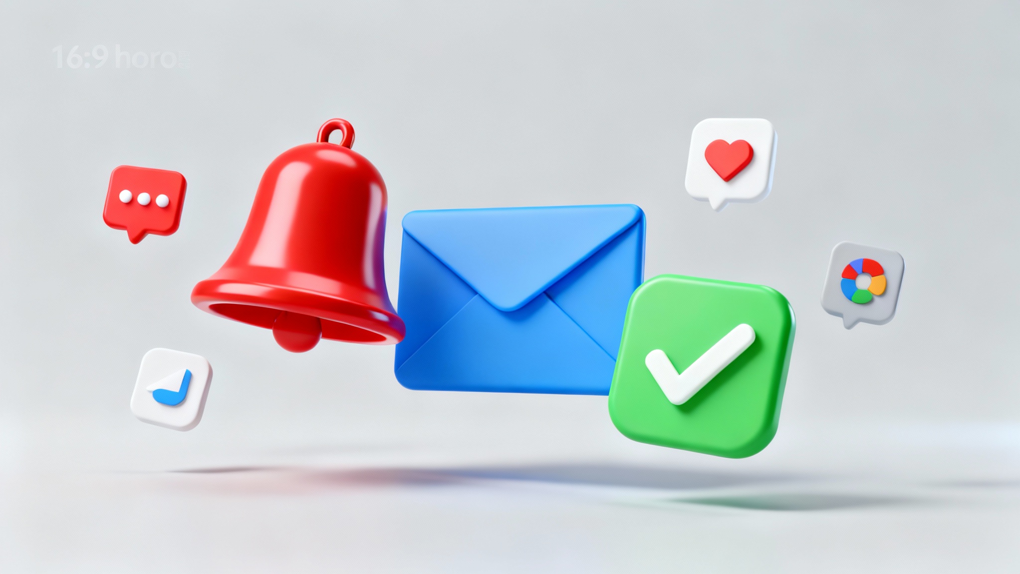 A collection of colorful 3D notification icons, including a red bell, a blue envelope, and a green checkmark, arranged in a dynamic composition against a clean, light gray background.