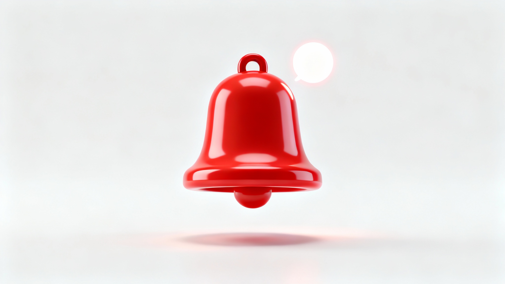 A 3D mockup of a minimalist red notification bell icon with a glowing white notification dot, presented against a clean white background.