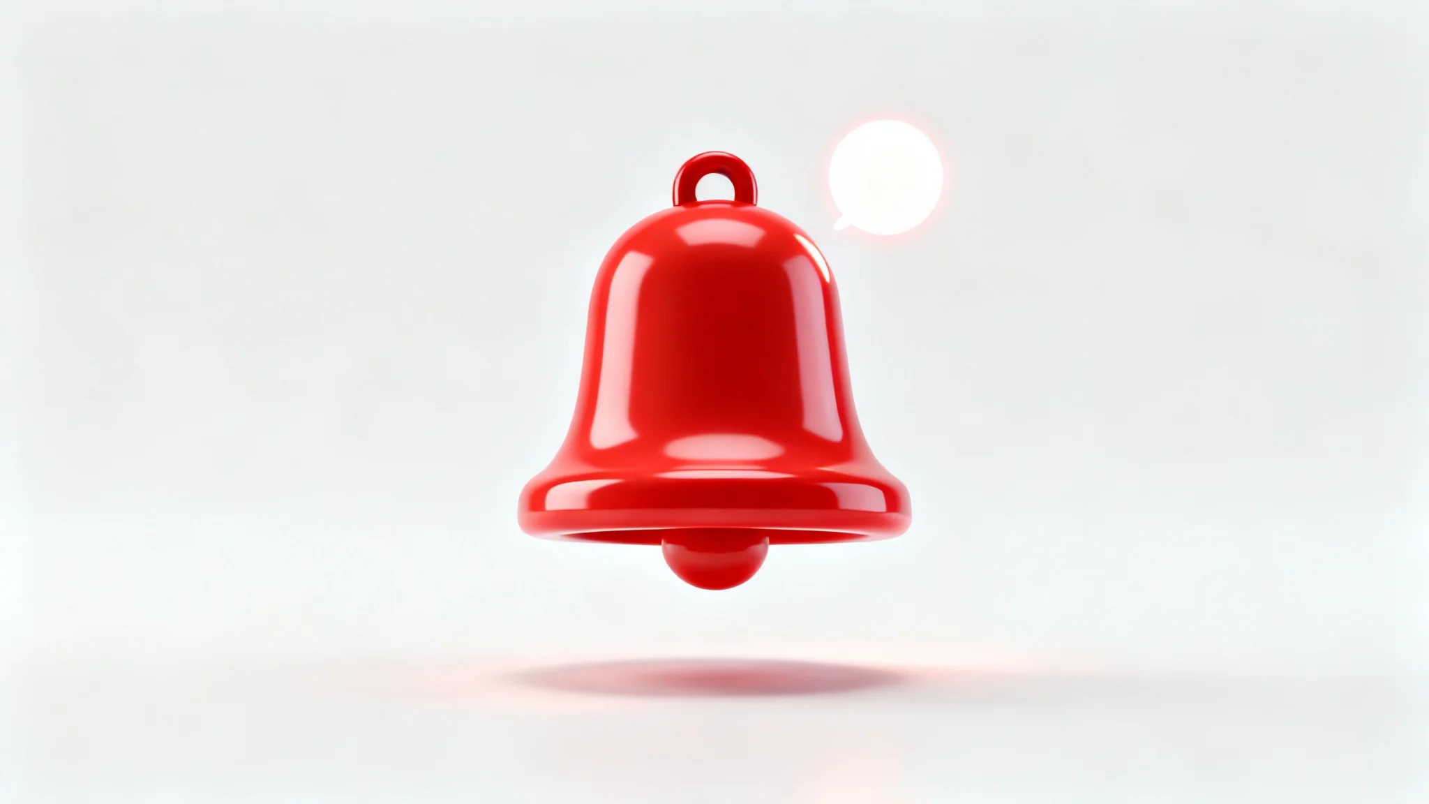 A 3D mockup of a minimalist red notification bell icon with a glowing white notification dot, presented against a clean white background.