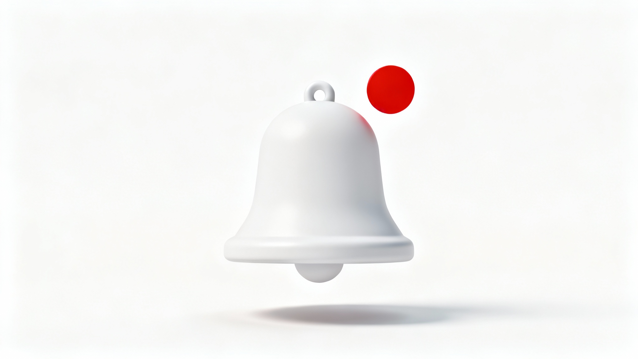 A 3D render of a minimalist white notification bell icon with a small red dot, signifying a new alert, on a plain white background.