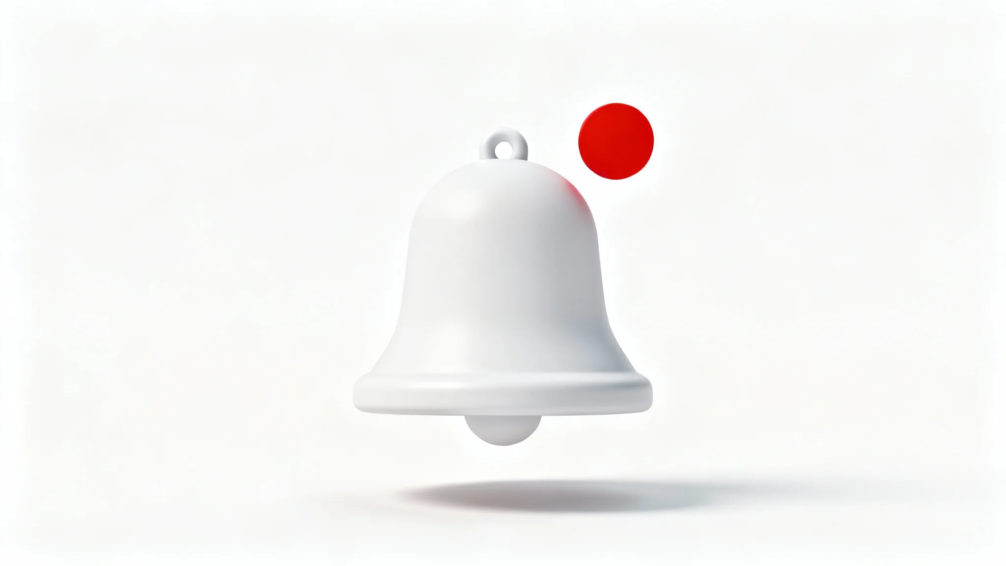 A 3D render of a minimalist white notification bell icon with a small red dot, signifying a new alert, on a plain white background.