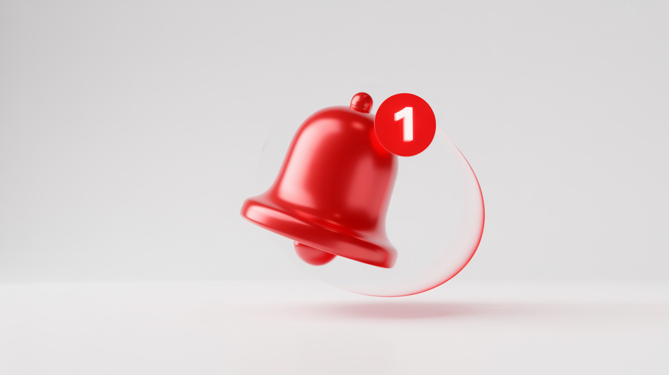 A modern, 3D red notification bell icon with a '1' indicating a new alert, shown against a plain white background.