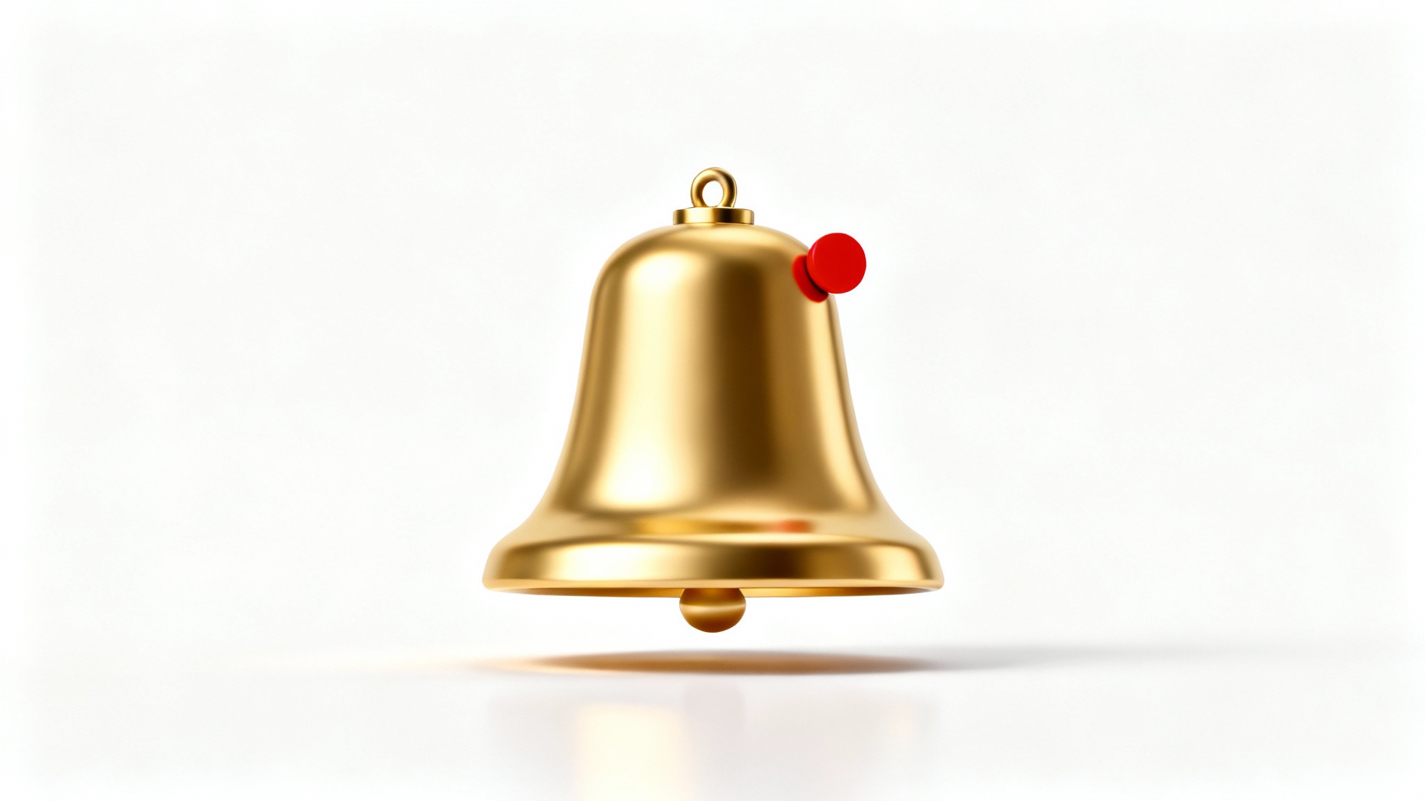 A 3D rendering of a gold notification bell icon with a red dot, symbolizing a new notification, set against a plain white background.