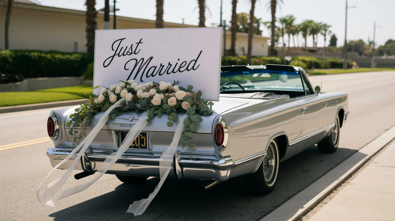 A beautifully decorated vintage convertible, serving as a wedding getaway car, drives down a road at sunset with a 'Just Married' sign on the back and floral arrangements.