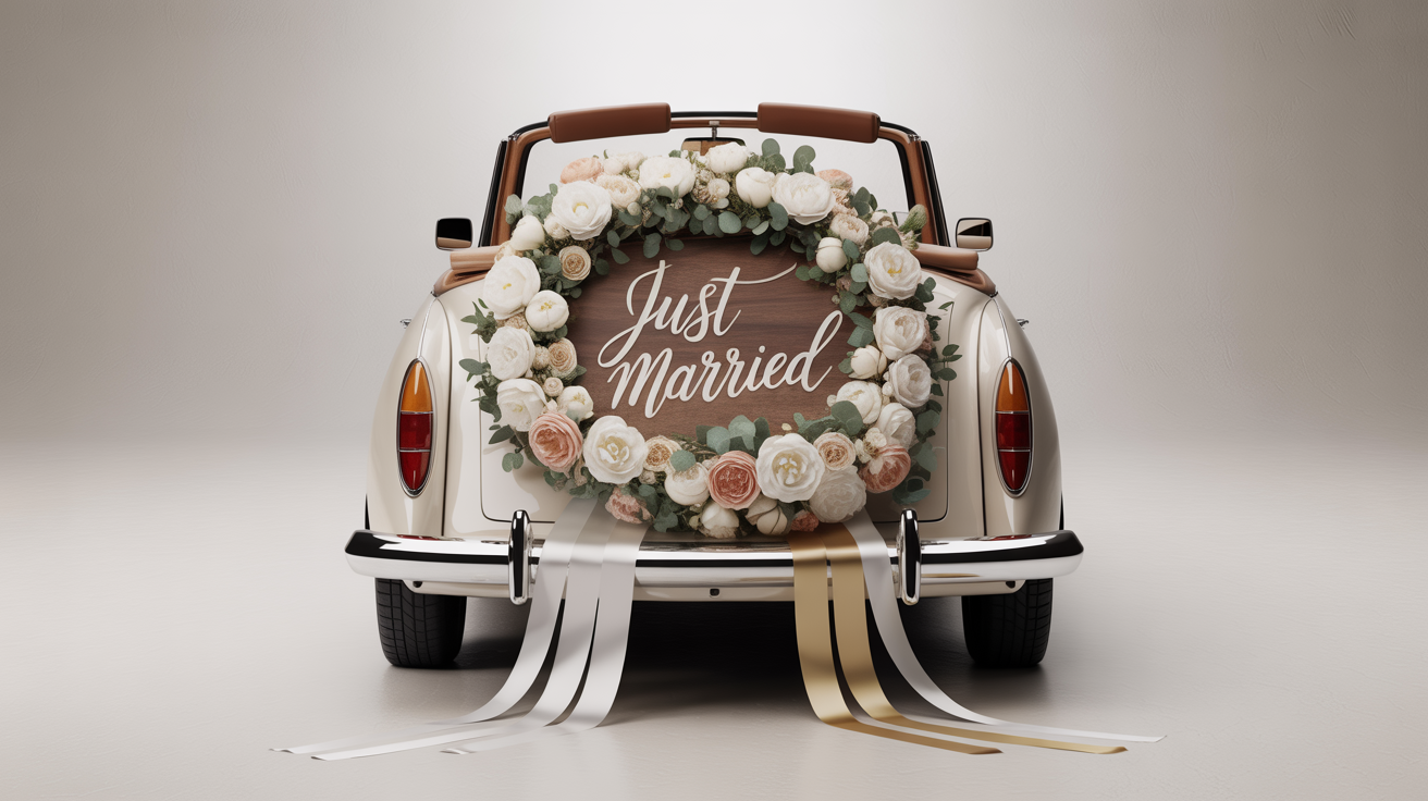 A classic cream-colored convertible decorated as a wedding getaway car, shown from the back against a white background, featuring a 'Just Married' sign, a lush floral garland, and flowing ribbons.
