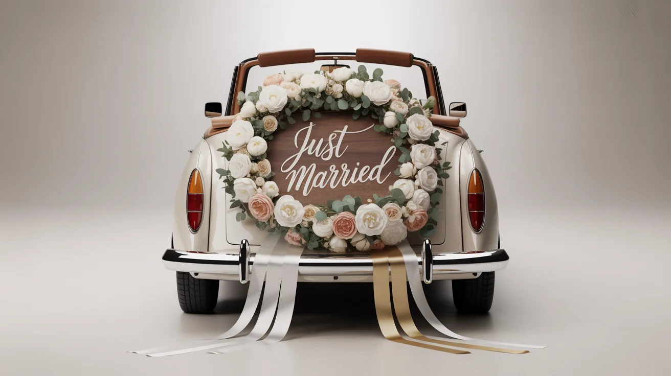 A classic cream-colored convertible decorated as a wedding getaway car, shown from the back against a white background, featuring a 'Just Married' sign, a lush floral garland, and flowing ribbons.