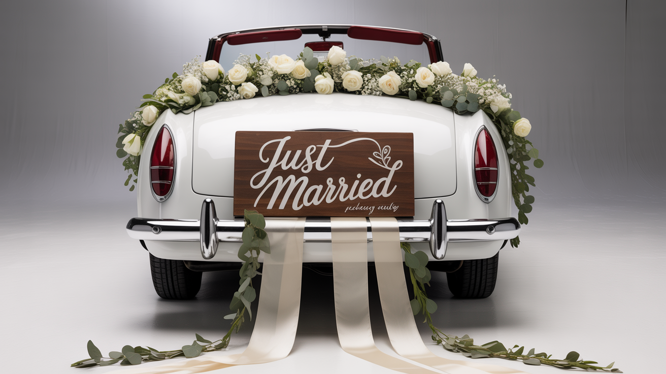 A classic white convertible decorated for a wedding, featuring a 'Just Married' sign on the trunk, trailing tin cans, and floral garlands, shot in a clean studio setting.