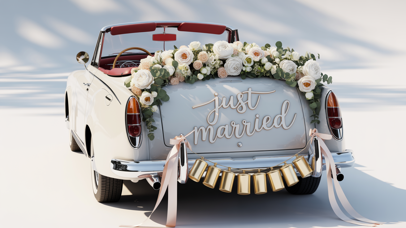 A classic white convertible decorated as a wedding getaway car, featuring a 'Just Married' sign, a floral garland, and trailing tin cans against a clean background.