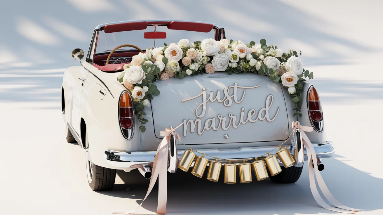 A classic white convertible decorated as a wedding getaway car, featuring a 'Just Married' sign, a floral garland, and trailing tin cans against a clean background.