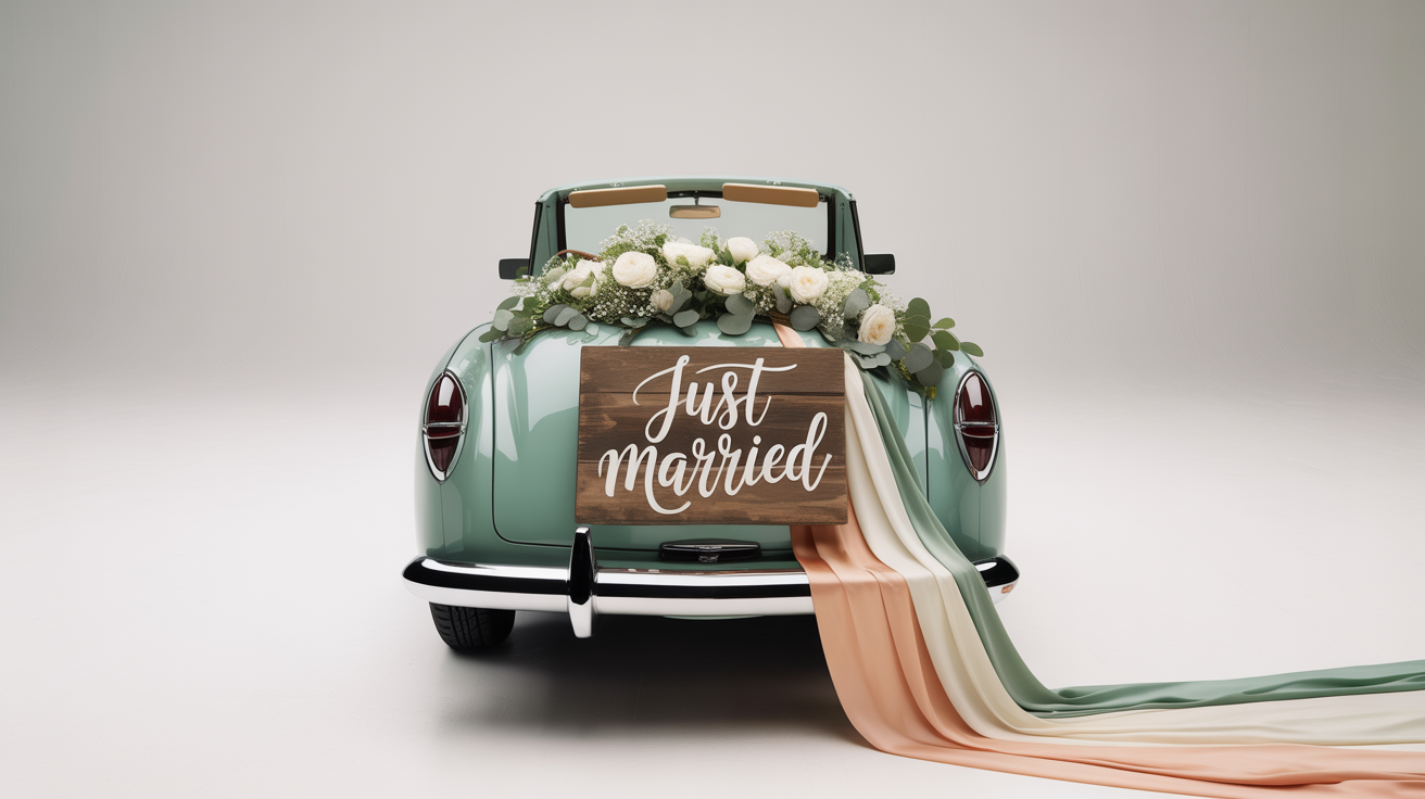 A vintage mint-green convertible car decorated for a wedding, featuring a 'Just Married' sign, a garland of white roses and eucalyptus, and trailing pastel ribbons, set against a plain white background.