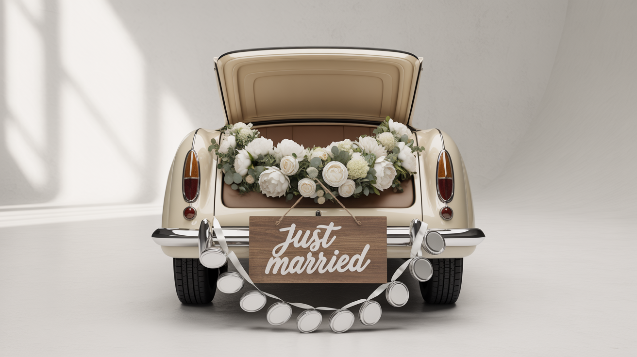 A decorated vintage wedding getaway car against a white background, featuring a floral garland, silver tin cans, and a wooden sign that says 'Just Married'.